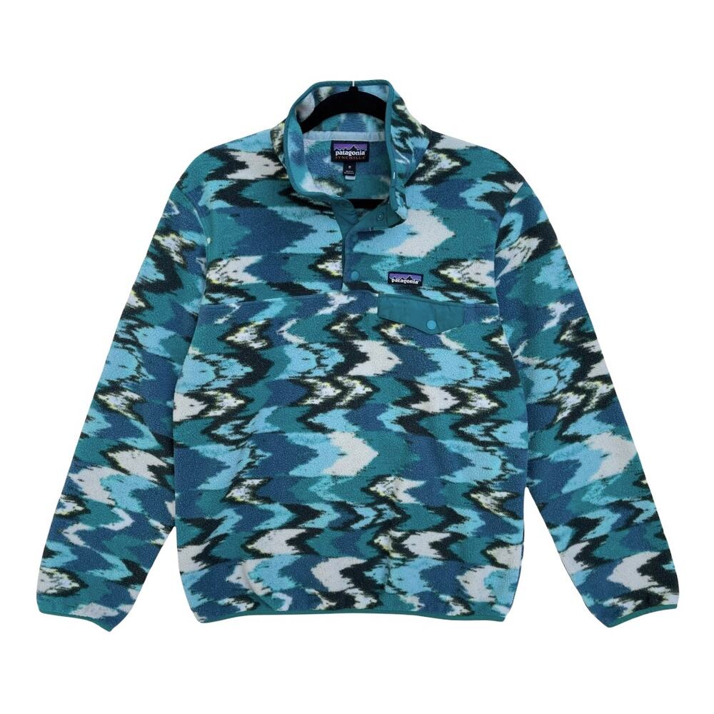 PATAGONIA SYNCHILLA Women's SNAP-T Fleece Pullover TROUT TALES: ELWHA BLUE Med.